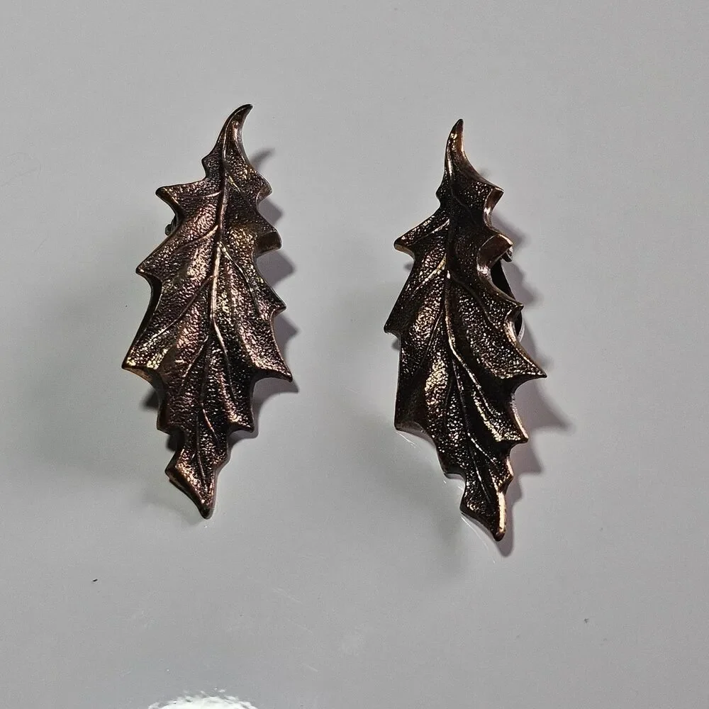 Ballou 1950's Copper Tone Metal Leaf Clip On Earrings Pat. 2583988